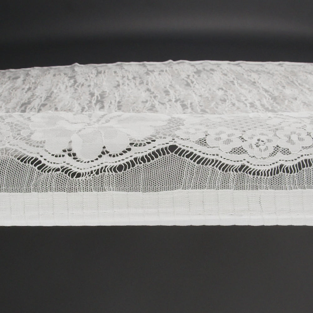 Metallic Embroidered Raschel Lace - Off White and Silver Floral and Waves with Scalloped Border