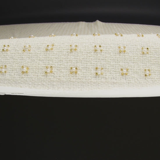 Embellished Acrylic and Wool Tweed with Backing - Off-White Tweed with Pearl and Gold Beaded Tiny Flower Grid