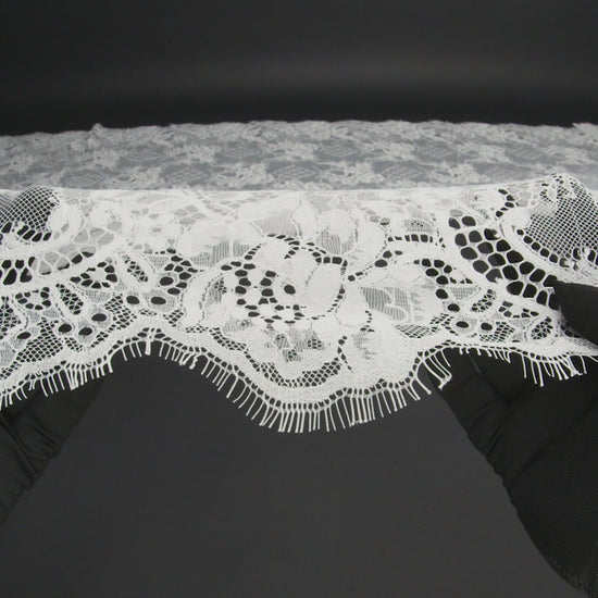 Luminous Re-Embroidered Lace with Finished Scalloped Edges - White Floral and Diamond Lattices