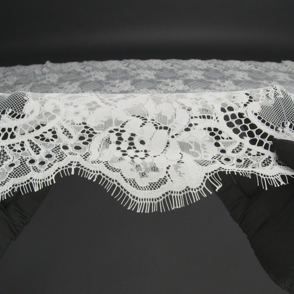 Luminous Re-Embroidered Lace with Finished Scalloped Edges - White Floral and Diamond Lattices