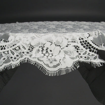 Luminous Re-Embroidered Lace with Finished Scalloped Edges - White Floral and Diamond Lattices