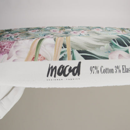 Stretch Cotton Sateen - Green Floral and Leaves - Warmth of Thoughtfulness Print - Mood Exclusive Key Largo Collection