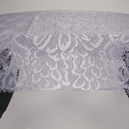 Corded Raschel Lace Panel with Finished Edges - Lavender and Ivory Big Flowers on Diamond Net
