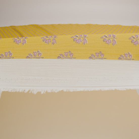 Crinkled Cotton Gauzy Woven Print - Yellow and Pink Leaves - Mood Exclusive Fields of Gold
