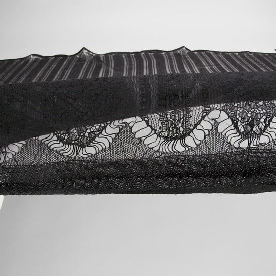 Re-Embroidered Nylon Lace - Black Floral Stripes