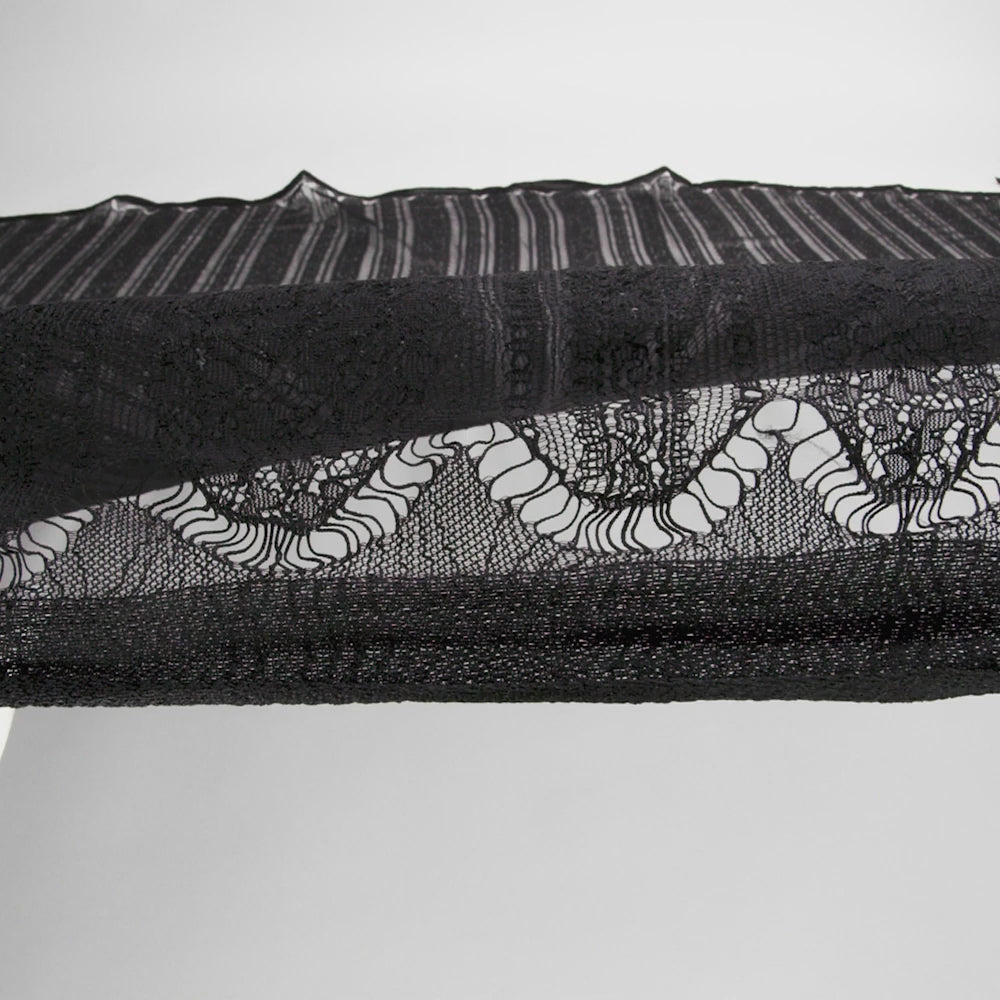 Re-Embroidered Nylon Lace - Black Floral Stripes