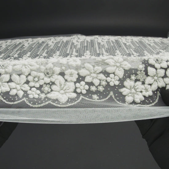 3D Puffy Glitter Tulle - White and Silver Dotted Stripes and Floral Border - Image 6 of 7