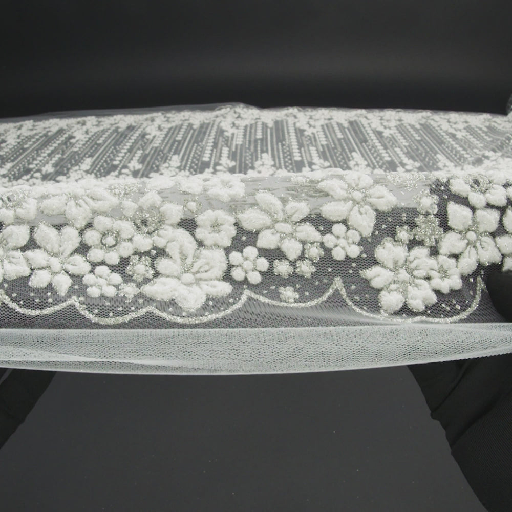 3D Puffy Glitter Tulle - White and Silver Dotted Stripes and Floral Border - Image 6 of 7