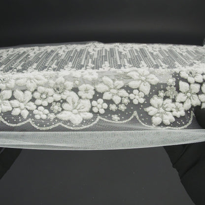 3D Puffy Glitter Tulle - White and Silver Dotted Stripes and Floral Border