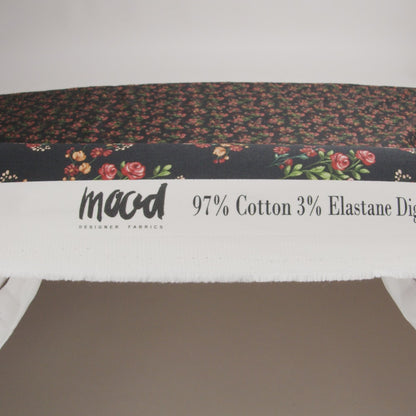 Stretch Cotton Sateen - Black and Pink Floral - Mason Jar Bouquet Print - Mood Exclusive Rockland Collection