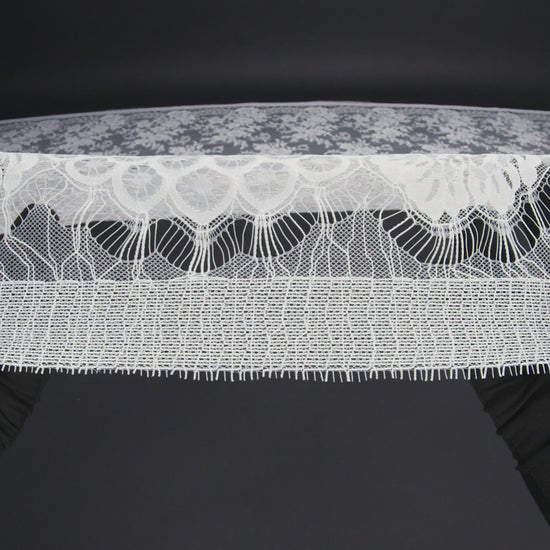 Nylon Re-Embroidered Lace - White Floral Swirly Vines with Scalloped Borders