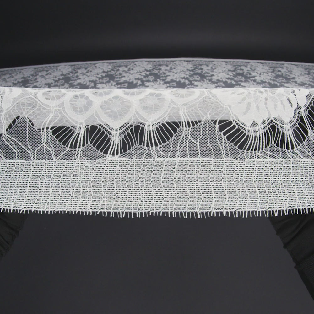 Nylon Re-Embroidered Lace - White Floral Swirly Vines with Scalloped Borders