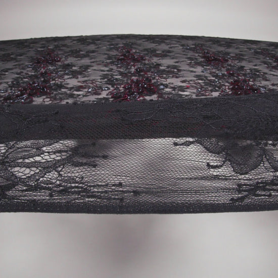 Embroidered and Beaded Chantilly Lace with 3D Fabric Flowers - Black and Dark Red Floral