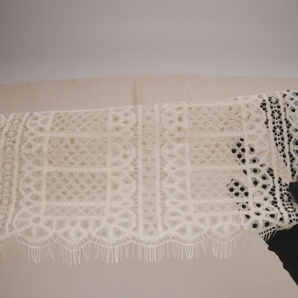 Raschel Lace Panel with Finished Edges - Tea Stain Geometric Rows of Windows - Image 6 of 6