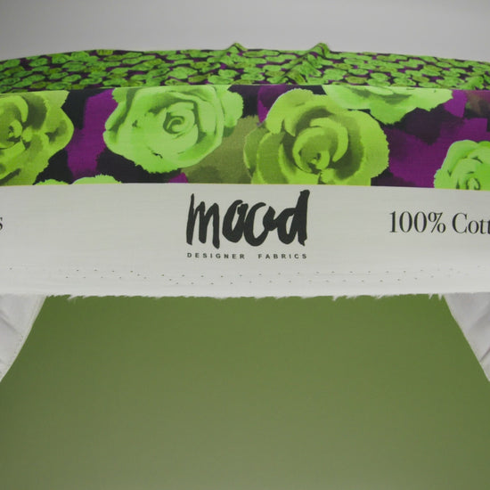 Cotton Poplin Print - Lime Green and Purple Roses - Mood Exclusive Ghost of a Rose