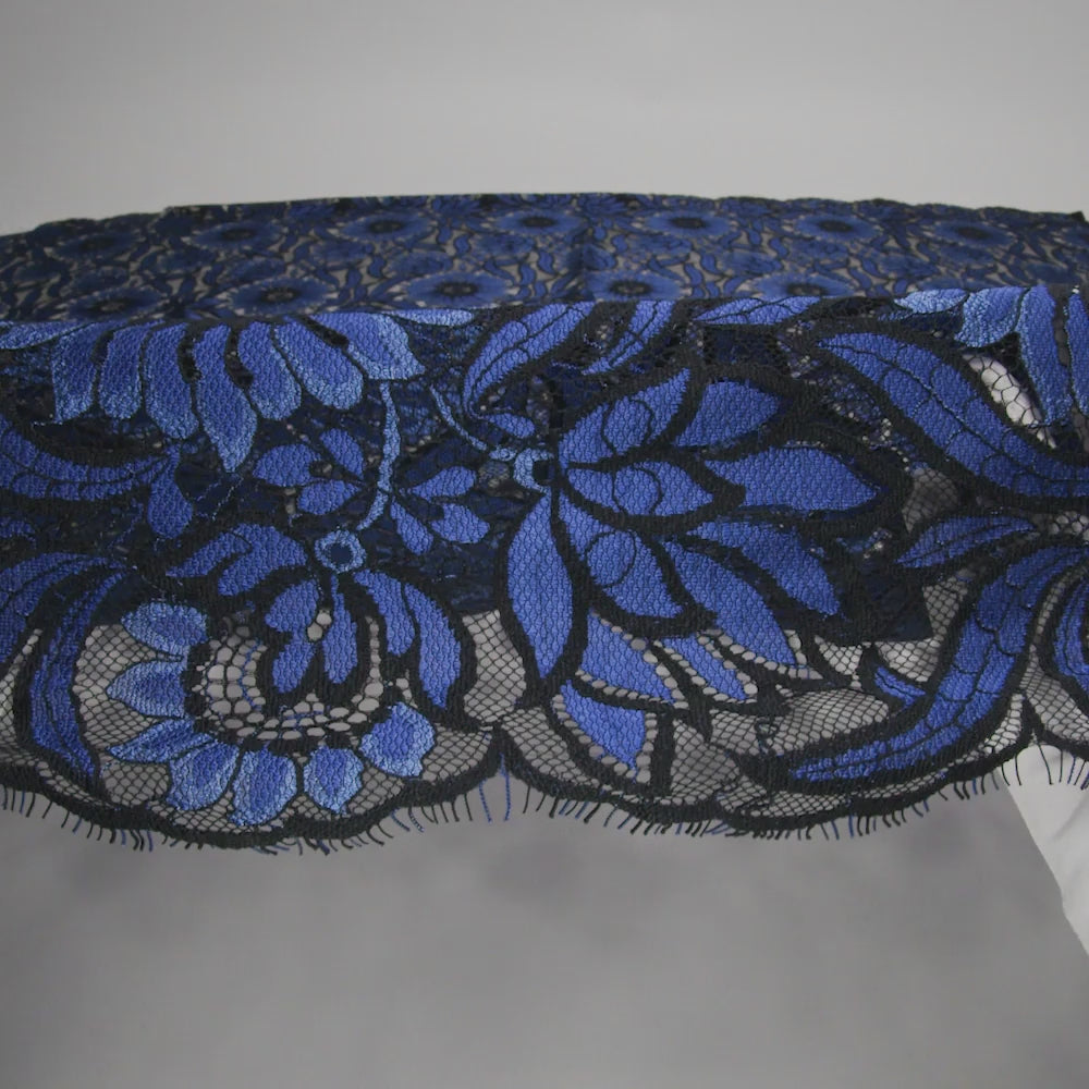 Raschel Lace Panel with Finished Edges - Black and Blue Bold Daisies and Leaves - Image 6 of 6