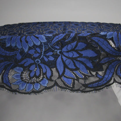 Raschel Lace Panel with Finished Edges - Black and Blue Bold Daisies and Leaves