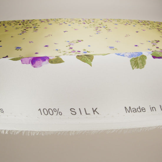 Silk Charmeuse Print 16MM, Made in Italy - Yellow Ombre with Purple and Blue Floral Borders