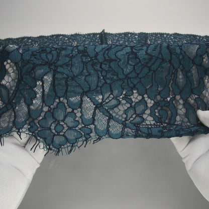 Corded Raschel Lace Panel with Finished Edges - Dark Teal and Navy All-Over Flowers and Leaves