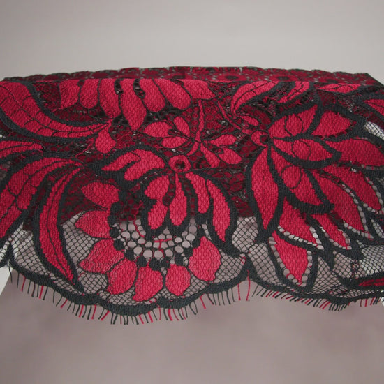 Raschel Lace Panel with Finished Edges - Black and Red Bold Daisies and Leaves