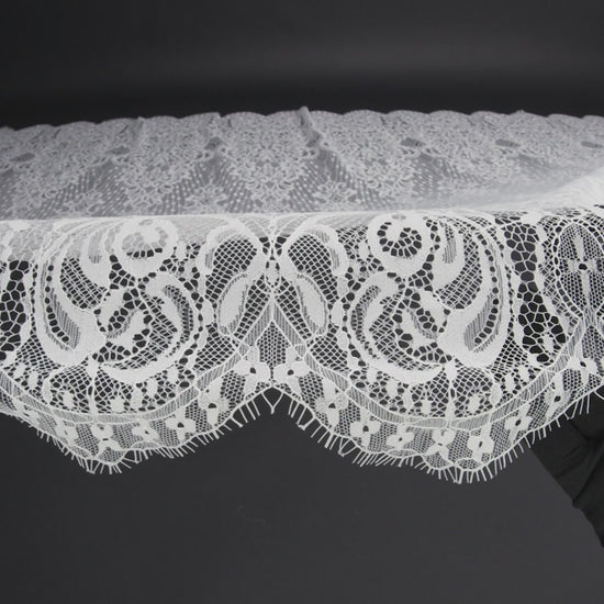Luminous Re-Embroidered Lace with Finished Scalloped Edges and Eyelash Fringe - White Abstract Swirls
