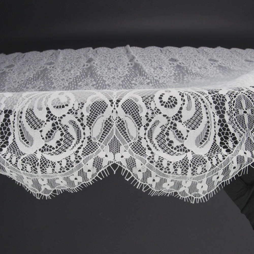 Luminous Re-Embroidered Lace with Finished Scalloped Edges and Eyelash Fringe - White Abstract Swirls