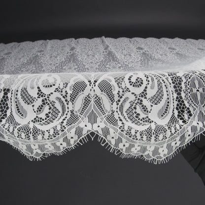 Luminous Re-Embroidered Lace with Finished Scalloped Edges and Eyelash Fringe - White Abstract Swirls