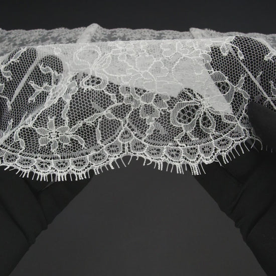 French Chantilly Lace with Finished Scalloped Edges by Solstiss - Greige Abundant Flowers
