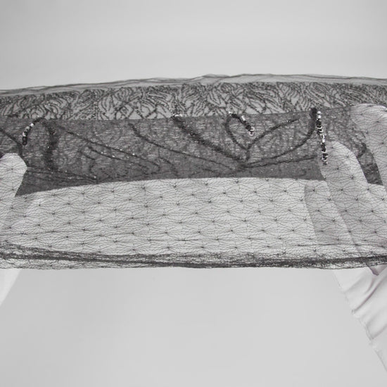 Embroidered Lace Netting with Sequins - Black and Silver Water Plants on Lattice