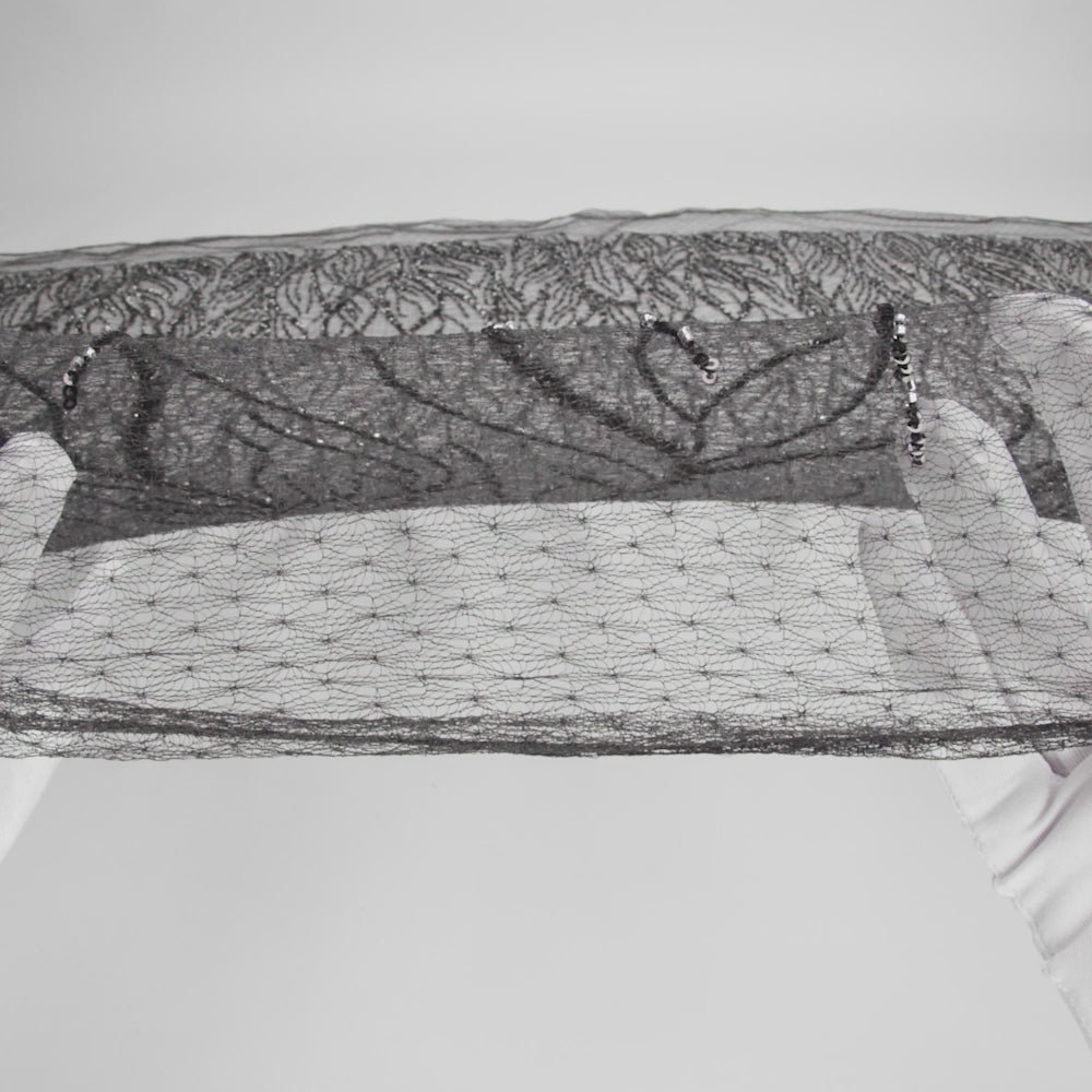 Embroidered Lace Netting with Sequins - Black and Silver Water Plants on Lattice