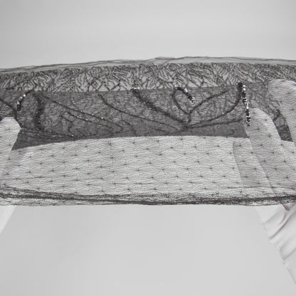 Embroidered Lace Netting with Sequins - Black and Silver Water Plants on Lattice