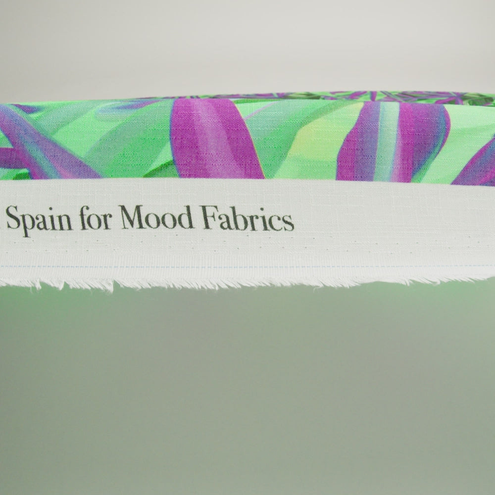 Slubbed Viscose Woven Print - Purple and Green Palm Leaves - Mood Exclusive Foliage Takeover
