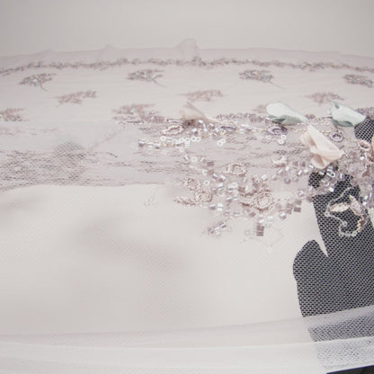 Embroidered and Beaded Tulle with 3D Satin Flowers - Lilac, Cream and Light Blue Floral Sprigs