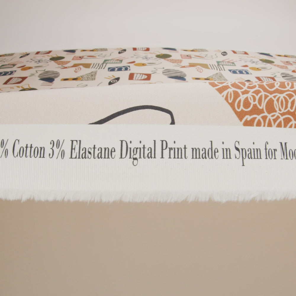 Stretch Cotton Sateen - Cream and Multicolored Doodles - Sundry Symbols Print - Mood Exclusive Tumunyana Collection
