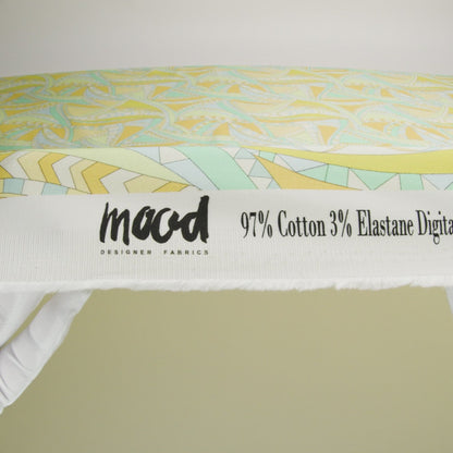 Stretch Cotton Sateen - Green and Blue Geometric Abstract - Lizard Leap Print - Mood Exclusive Groove Collection