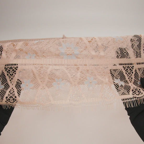Raschel Lace Panel with Finished Edges - Sand and Steel Blue Geometric and Floral