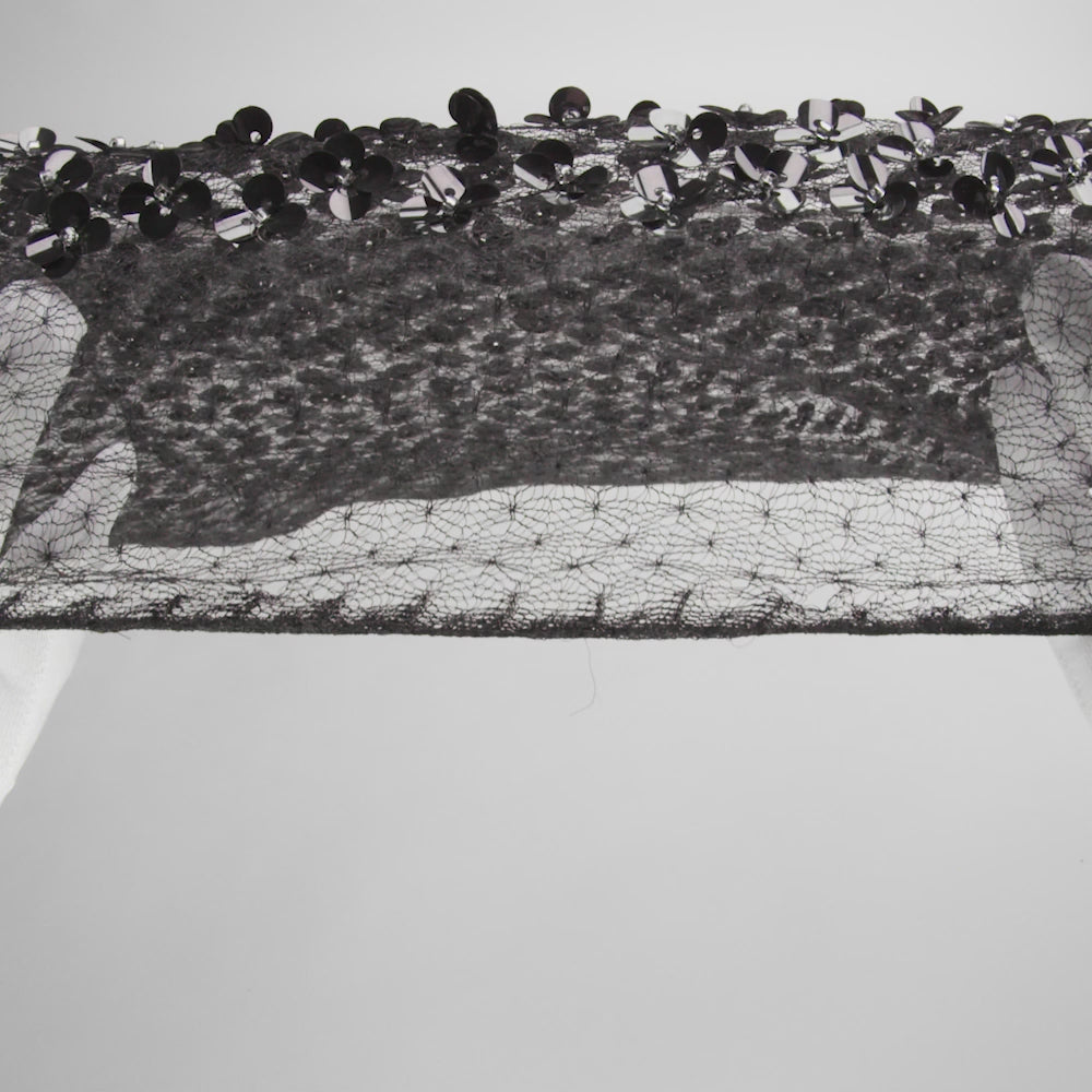 Beaded and Sequined Lace Netting - Silver and Black Floral Gradients