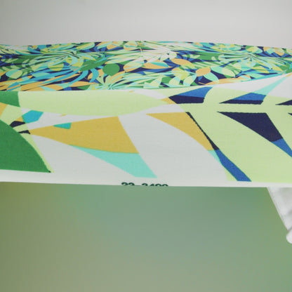 Stretch Polyester Tricot - Green, Blue and Goldenrod Overlapping Palm Leaves - Designer Deadstock