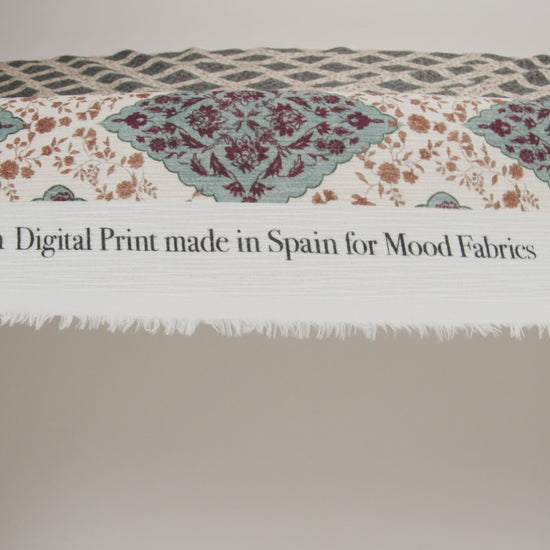 Slubbed Gauzy Cotton Woven - Cream, Dusty Teal and Burgundy Floral Diamonds - Mood Exclusive Garden Grid Print