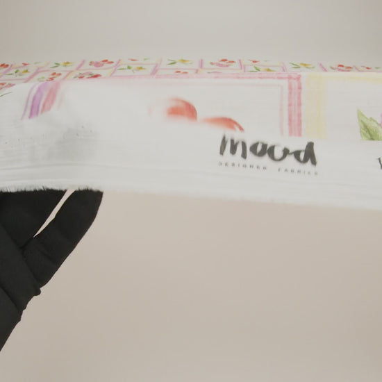 Crinkled Cotton Gauzy Woven - Pink, Yellow and Red Fruit and Blossoms Squares - Mood Exclusive Summer Medley Print