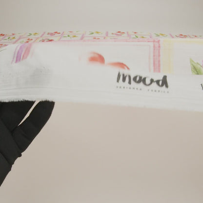 Crinkled Cotton Gauzy Woven - Pink, Yellow and Red Fruit and Blossoms Squares - Mood Exclusive Summer Medley Print