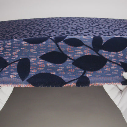 Navy Flocked Leafy Vines on Lilac, Orange and Blue Striped Teardrops Cotton and Polyester Jacquard