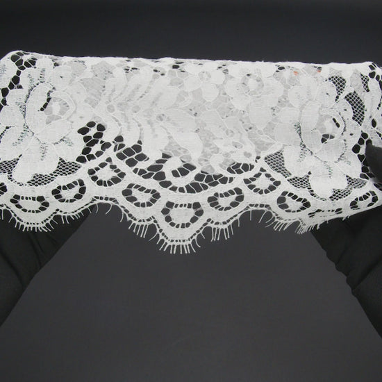 French Corded Polyester and Cotton Lace with Finished Scalloped Edges - White Classic Floral