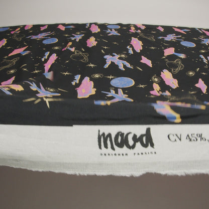 Linen and Rayon Woven - Black, Pink and Blue Astronauts in Space - Sweet Dreams Print - Mood Exclusive Sugar Collection