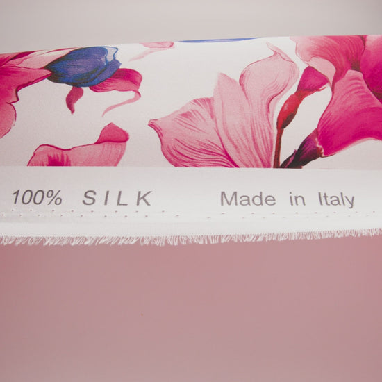 Silk Charmeuse Print 16MM, Made in Italy - White, Bright Pink and Blue Blooming Roses