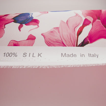 Silk Charmeuse Print 16MM, Made in Italy - White, Bright Pink and Blue Blooming Roses