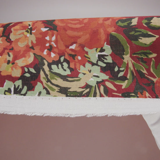 Medium Weight Linen Woven Print - Wine Red, Green and Dark Orange Floral