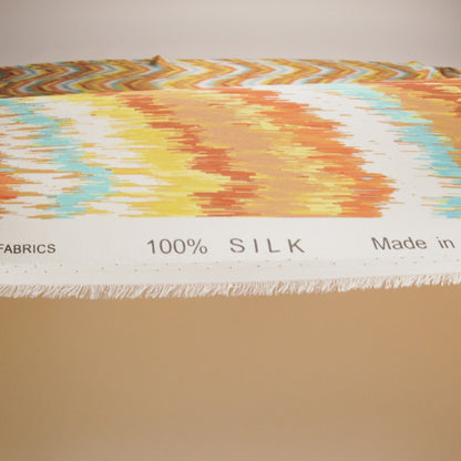Silk Charmeuse Print 16MM, Made in Italy - Orange, Yellow and Turquoise Ikat Marbled Waves