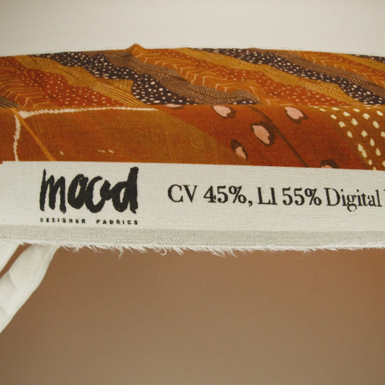 Linen and Rayon Woven - Brown and Orange Decorated Diagonal Stripes - Wind in Your Wings Print - Mood Exclusive Rockland Collection
