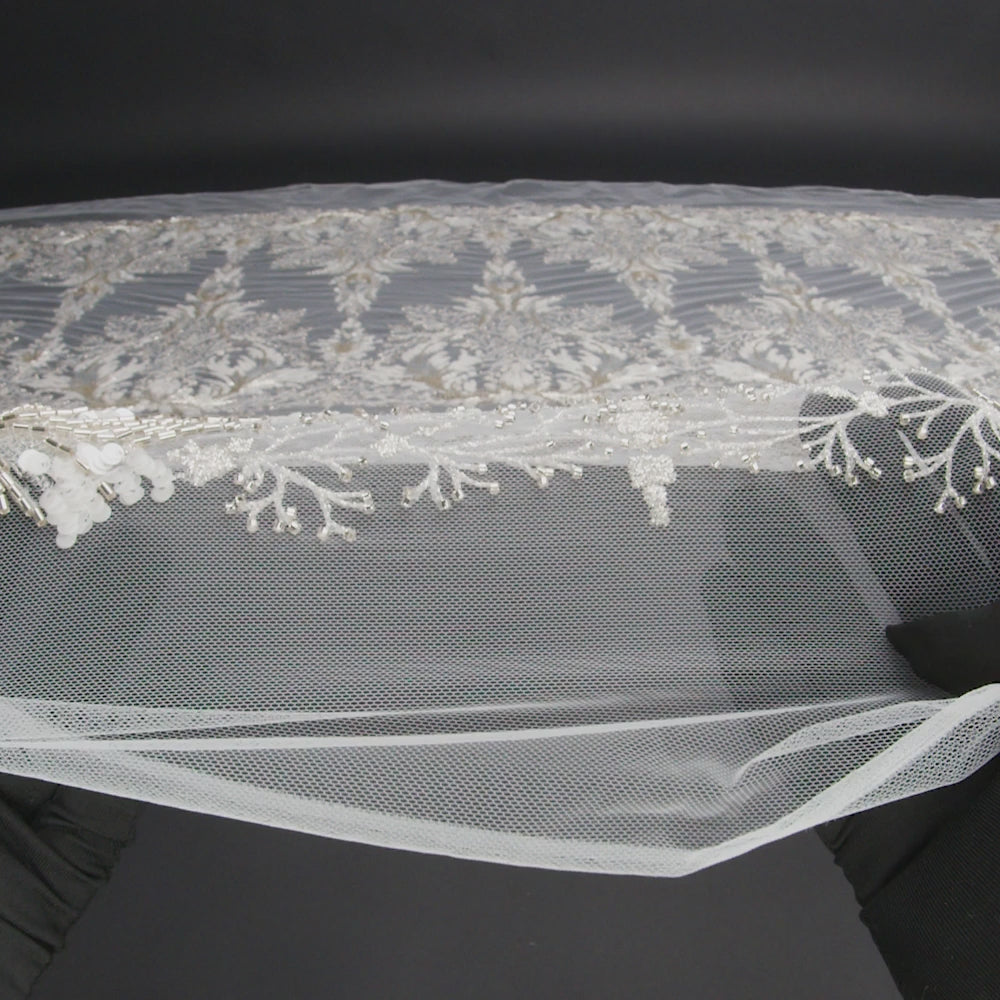 Embroidered Lace Tulle with Beads and Sequins - Off White and Silver Fancy Plants